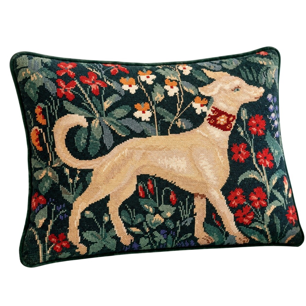 Vintage Lady & the Unicorn Dog Needlepoint Pillow Cover Green Floral Velvet Back
